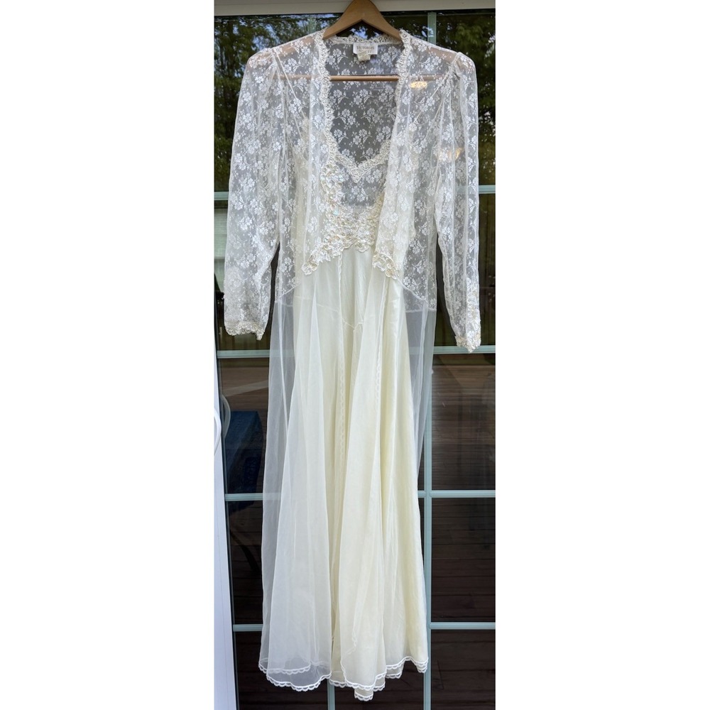 Vintage Victoria's Secret Bridal Nightgown Peignoir Robe Ivory Beaded Sz‎ M